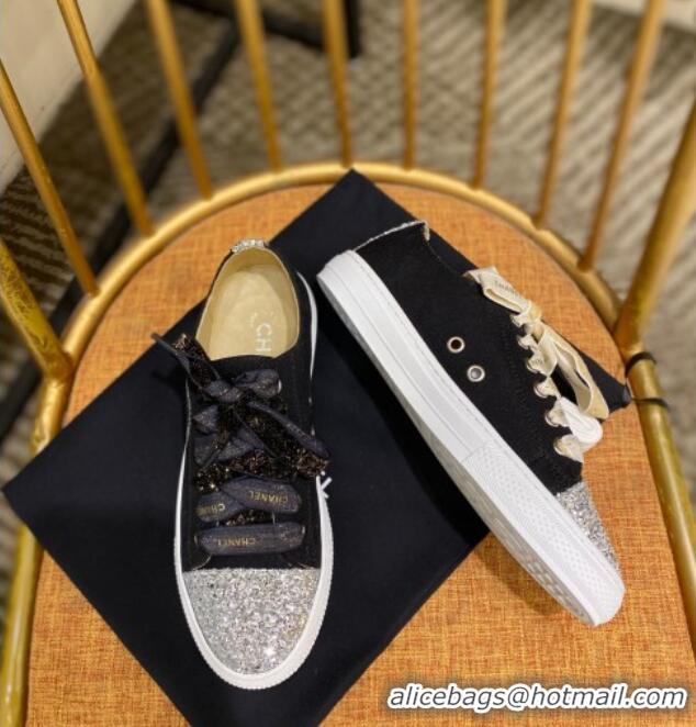 Luxury Chanel Canvas Sequins Sneakers 326 Black/Silver