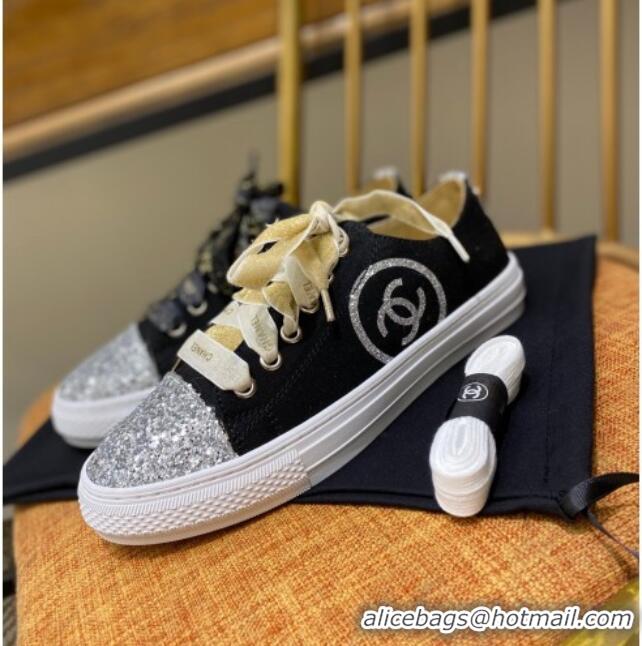 Luxury Chanel Canvas Sequins Sneakers 326 Black/Silver