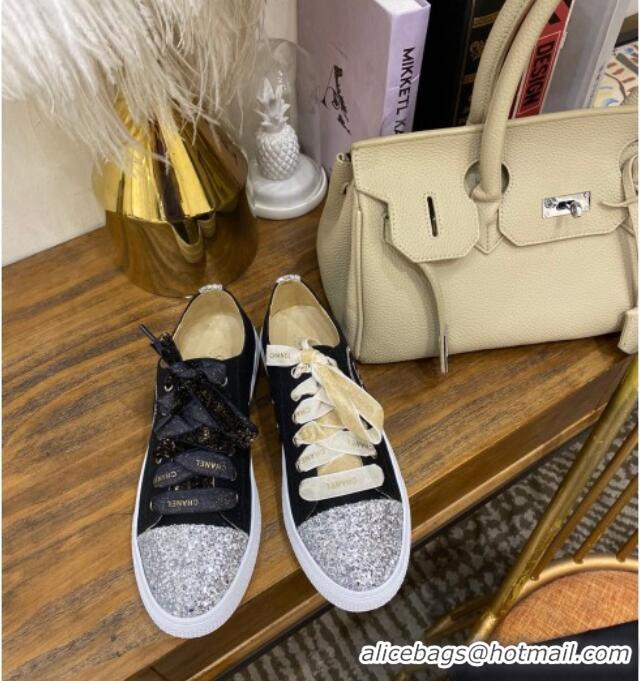 Luxury Chanel Canvas Sequins Sneakers 326 Black/Silver