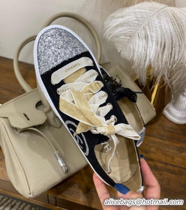 Luxury Chanel Canvas Sequins Sneakers 326 Black/Silver