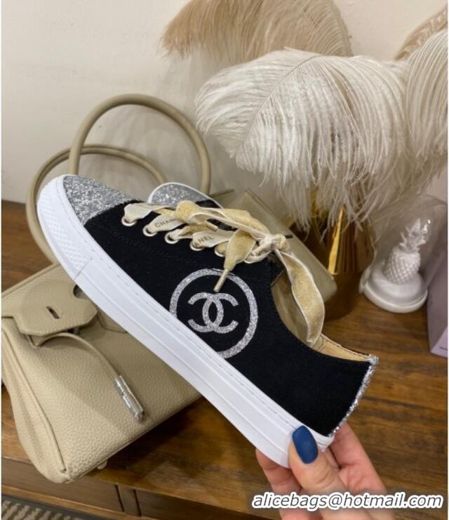 Luxury Chanel Canvas Sequins Sneakers 326 Black/Silver