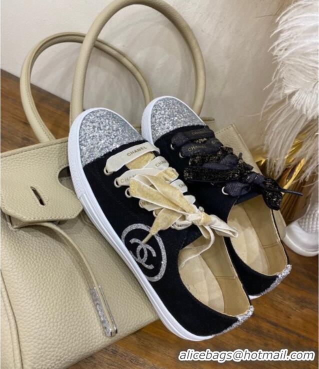 Luxury Chanel Canvas Sequins Sneakers 326 Black/Silver