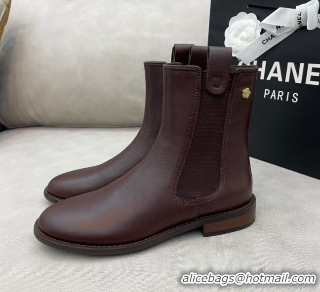 Duplicate Chanel Camellia Calfskin Short Boots 405 Brown 