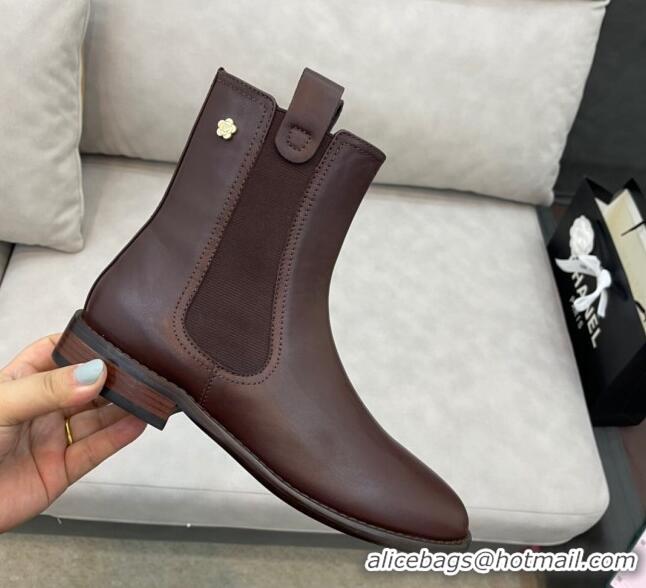 Duplicate Chanel Camellia Calfskin Short Boots 405 Brown 