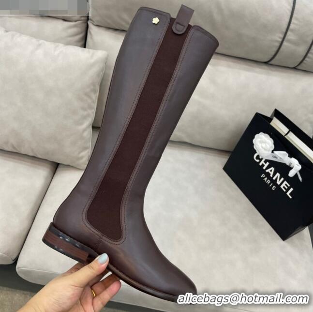 Stylish Chanel Camellia Calfskin High Boots 405 Brown