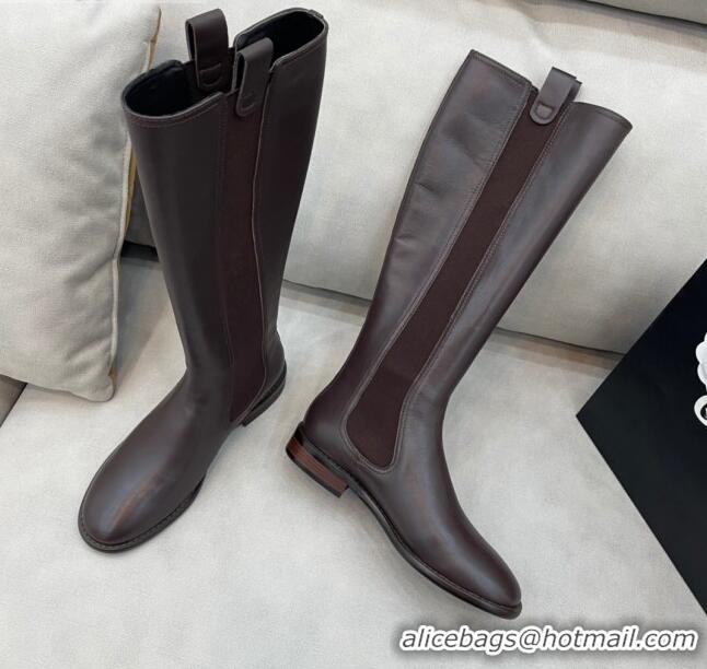 Stylish Chanel Camellia Calfskin High Boots 405 Brown