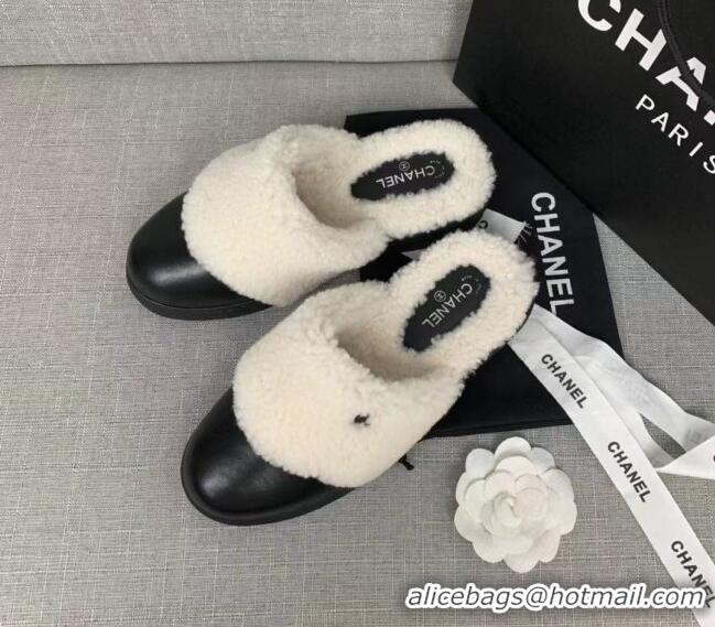 Top Quality Chanel Leather Shearling Wool Flat Mules 120451 Black