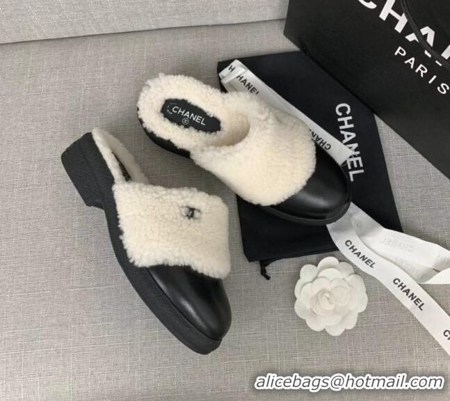 Top Quality Chanel Leather Shearling Wool Flat Mules 120451 Black