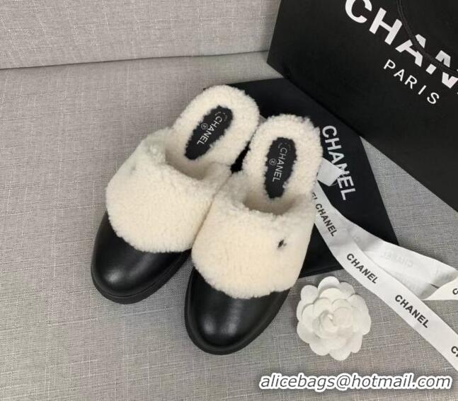 Top Quality Chanel Leather Shearling Wool Flat Mules 120451 Black