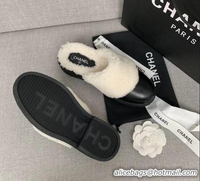 Top Quality Chanel Leather Shearling Wool Flat Mules 120451 Black