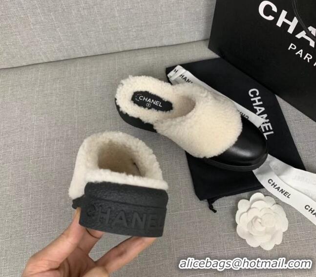 Top Quality Chanel Leather Shearling Wool Flat Mules 120451 Black