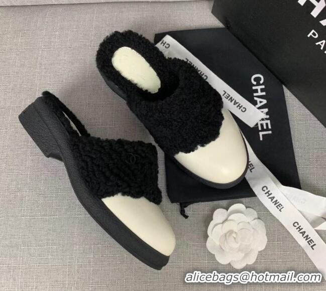 Unique Style Chanel Leather Shearling Wool Flat Mules 120451 White