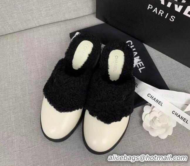 Unique Style Chanel Leather Shearling Wool Flat Mules 120451 White