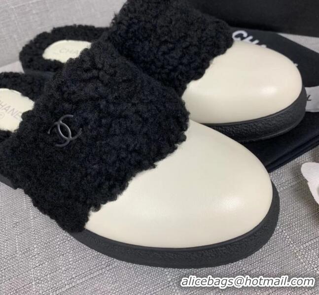 Unique Style Chanel Leather Shearling Wool Flat Mules 120451 White