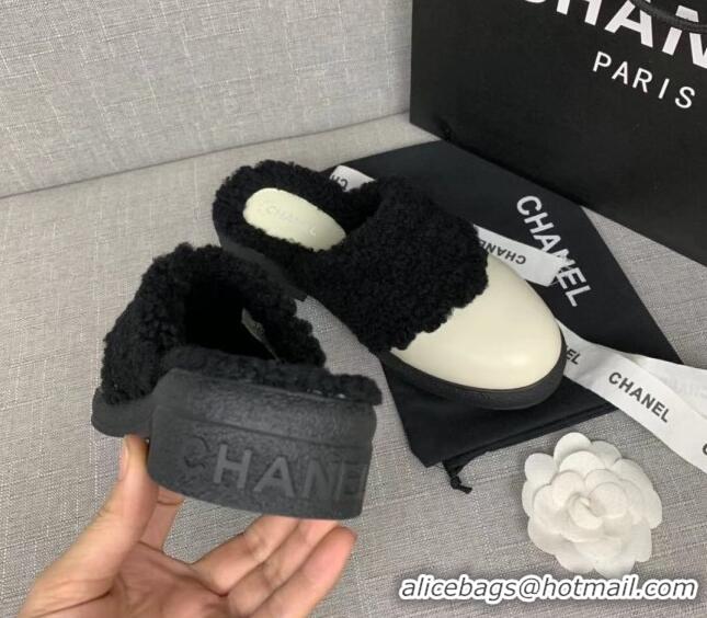 Unique Style Chanel Leather Shearling Wool Flat Mules 120451 White