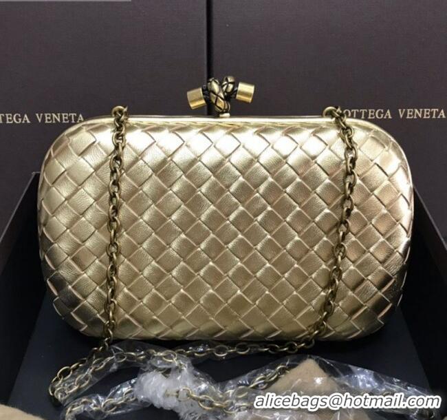 Grade Quality Bottega Veneta Knot Woven Lambskin Clutch with Chain BV11010 Light Gold