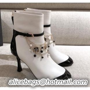 Good Product Chanel Leather Short Boots with Camellia Tassel Charm 120510 White