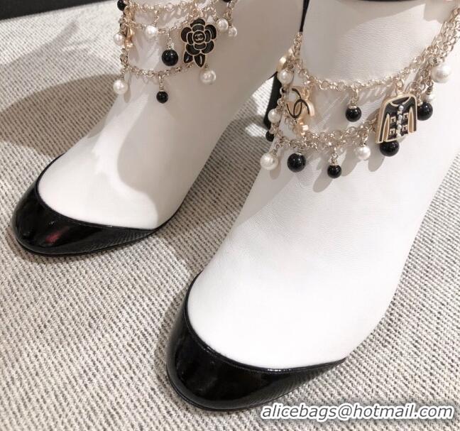 Good Product Chanel Leather Short Boots with Camellia Tassel Charm 120510 White