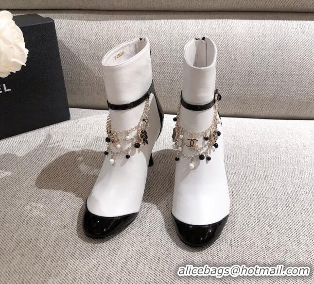 Good Product Chanel Leather Short Boots with Camellia Tassel Charm 120510 White