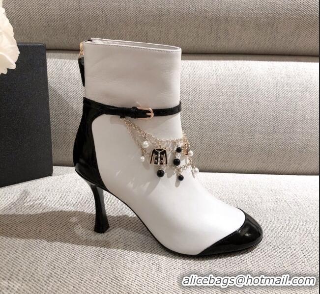 Good Product Chanel Leather Short Boots with Camellia Tassel Charm 120510 White