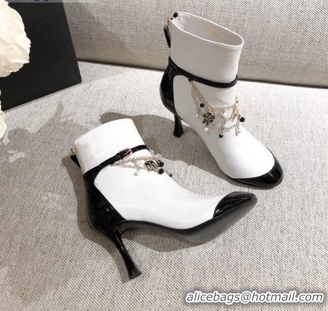 Good Product Chanel Leather Short Boots with Camellia Tassel Charm 120510 White