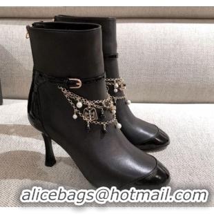 Low Price Chanel Leather Short Boots with Camellia Tassel Charm 120510 Black