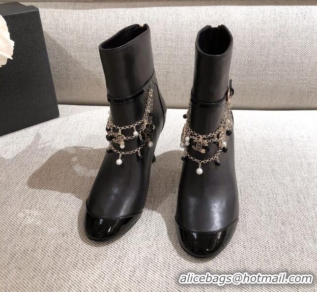 Low Price Chanel Leather Short Boots with Camellia Tassel Charm 120510 Black