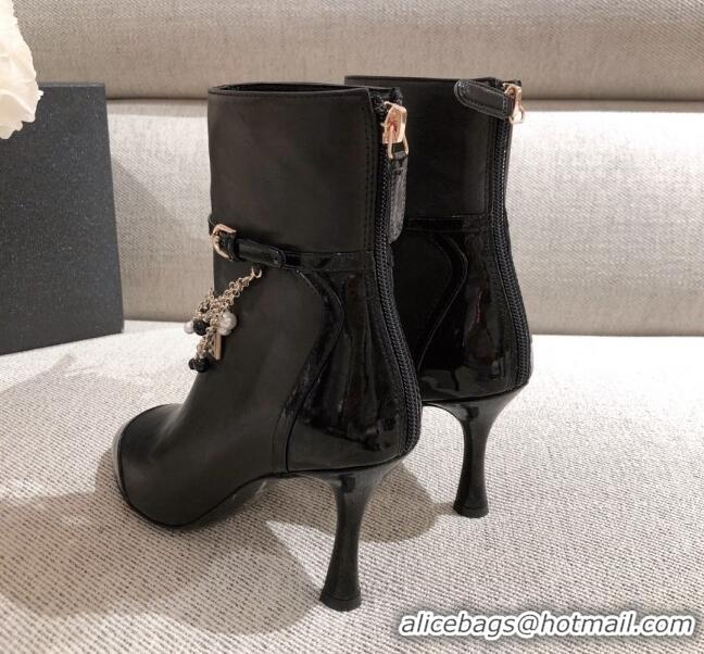 Low Price Chanel Leather Short Boots with Camellia Tassel Charm 120510 Black