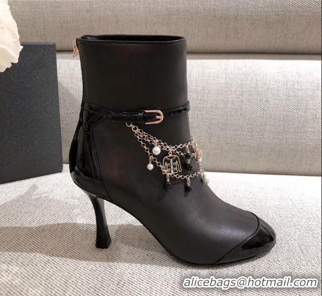 Low Price Chanel Leather Short Boots with Camellia Tassel Charm 120510 Black