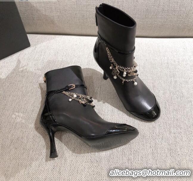 Low Price Chanel Leather Short Boots with Camellia Tassel Charm 120510 Black