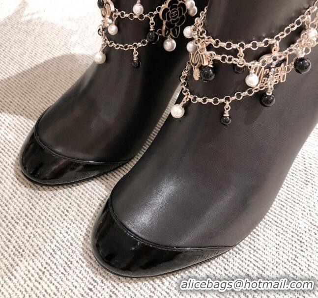 Low Price Chanel Leather Short Boots with Camellia Tassel Charm 120510 Black