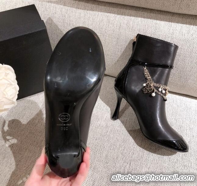 Low Price Chanel Leather Short Boots with Camellia Tassel Charm 120510 Black