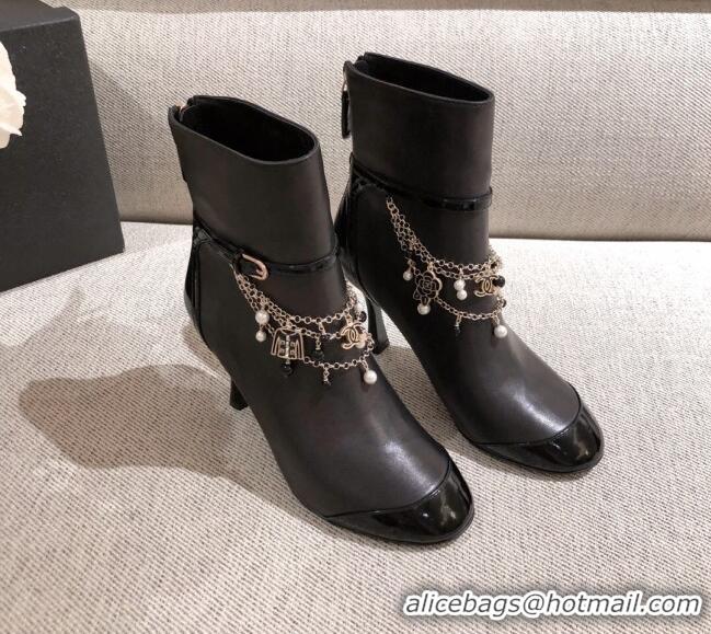 Low Price Chanel Leather Short Boots with Camellia Tassel Charm 120510 Black