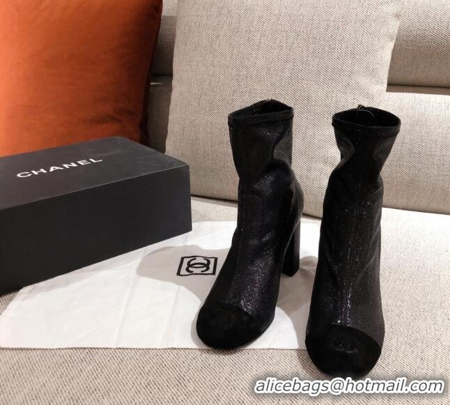 AAAAA Chanel Shiny Sequins Fabric Short Boots G36479 Black