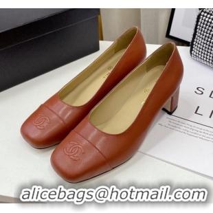 Super Quality Chanel Lambskin Square Heel Pumps 5cm 122104 Brown