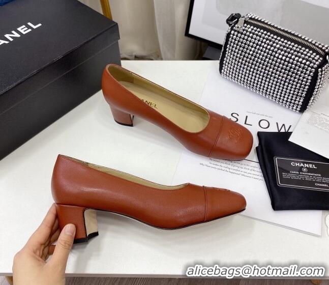 Super Quality Chanel Lambskin Square Heel Pumps 5cm 122104 Brown