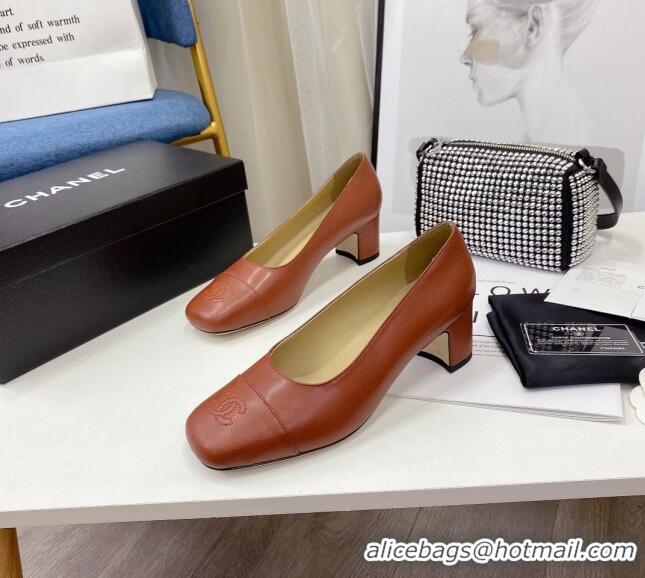 Super Quality Chanel Lambskin Square Heel Pumps 5cm 122104 Brown