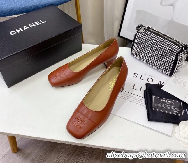 Super Quality Chanel Lambskin Square Heel Pumps 5cm 122104 Brown