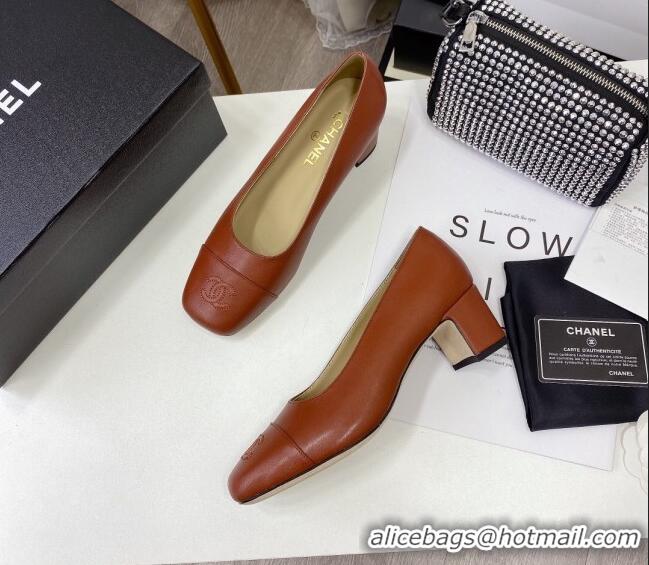 Super Quality Chanel Lambskin Square Heel Pumps 5cm 122104 Brown