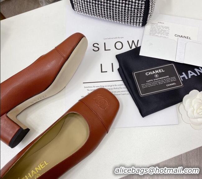 Super Quality Chanel Lambskin Square Heel Pumps 5cm 122104 Brown