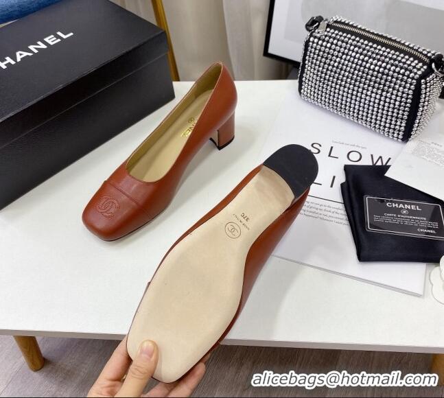 Super Quality Chanel Lambskin Square Heel Pumps 5cm 122104 Brown