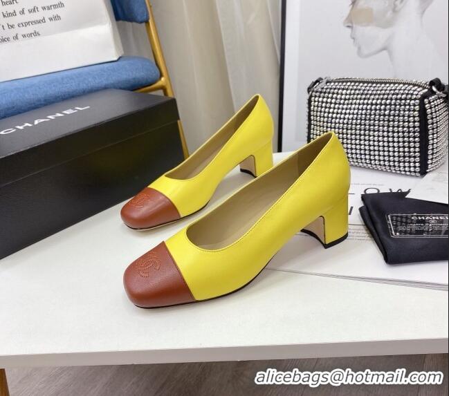 Affordable Price Chanel Lambskin Square Heel Pumps 5cm 122104 Yellow