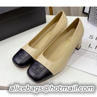 New Style Chanel Lambskin Square Heel Pumps 5cm 122106 Beige