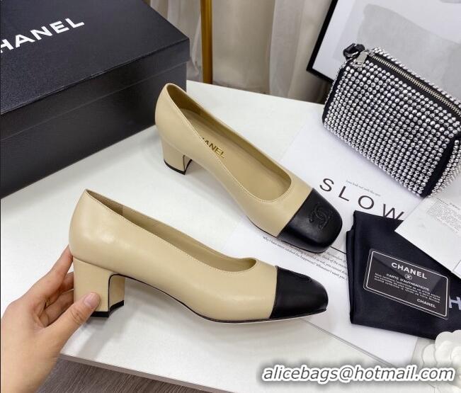 New Style Chanel Lambskin Square Heel Pumps 5cm 122106 Beige