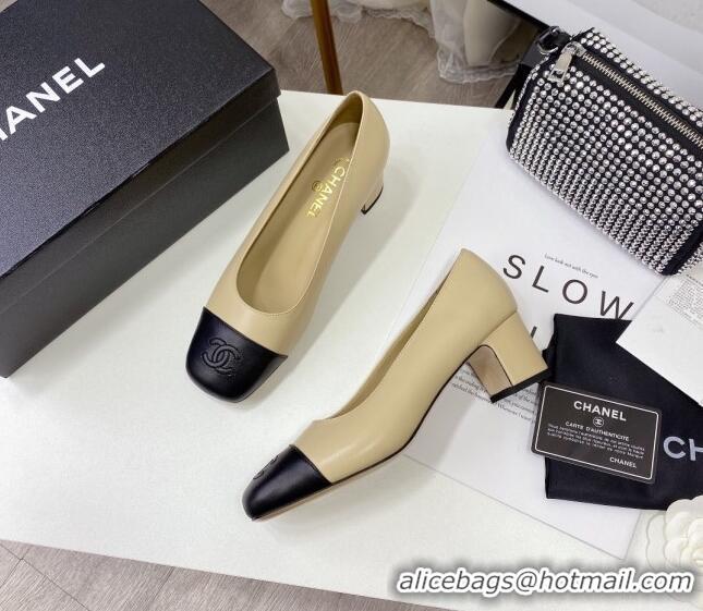 New Style Chanel Lambskin Square Heel Pumps 5cm 122106 Beige