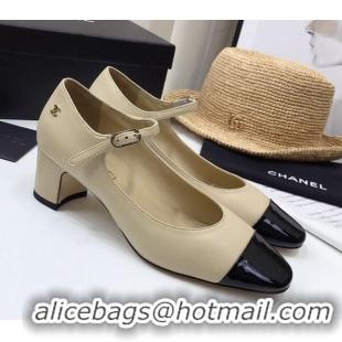 New Style Chanel Lambskin  Mary Janes Pumps 5cm 122109 Beige