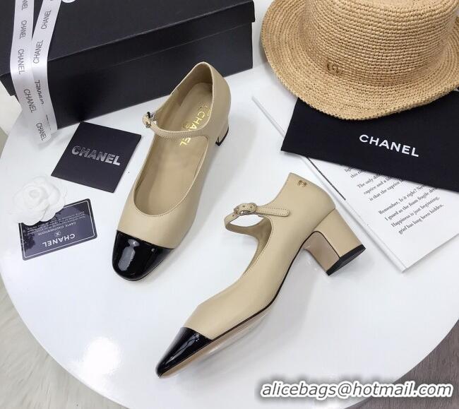 New Style Chanel Lambskin  Mary Janes Pumps 5cm 122109 Beige