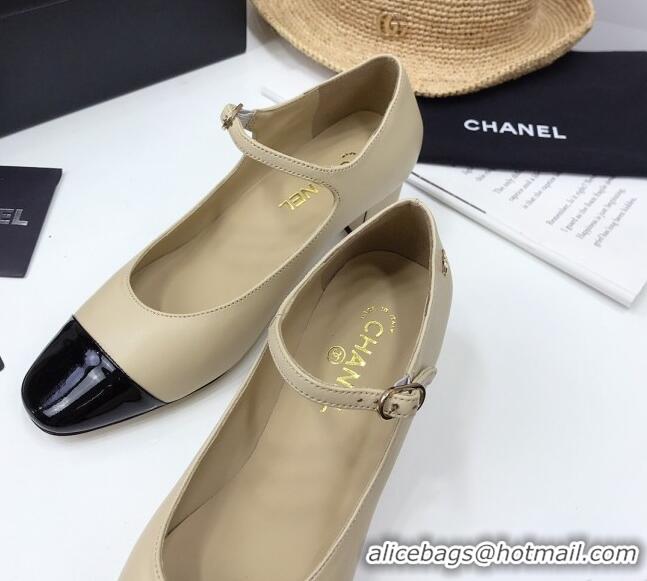 New Style Chanel Lambskin  Mary Janes Pumps 5cm 122109 Beige