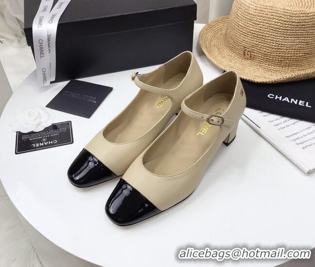 New Style Chanel Lambskin  Mary Janes Pumps 5cm 122109 Beige