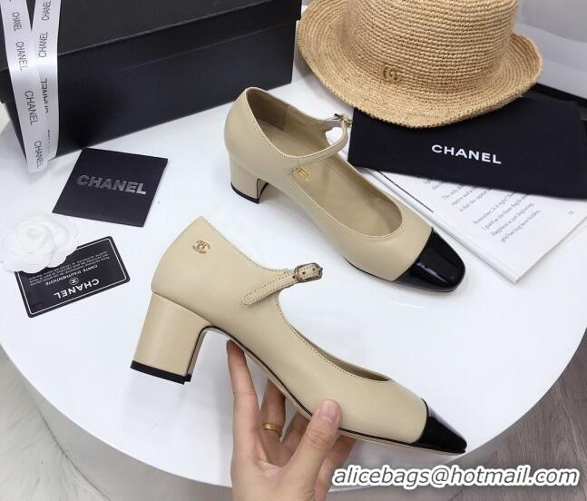 New Style Chanel Lambskin  Mary Janes Pumps 5cm 122109 Beige